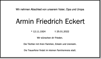 Anzeige von Armin Friedrich Eckert von Schwäbische Zeitung