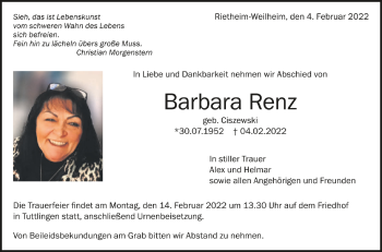 Anzeige von Barbara Renz von Schwäbische Zeitung