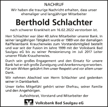 Anzeige von Berthold Schlachter von Schwäbische Zeitung