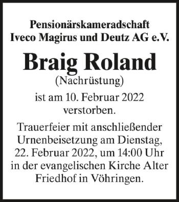 Anzeige von Braig Roland von Schwäbische Zeitung