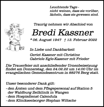 Anzeige von Bredi Kassner von Schwäbische Zeitung