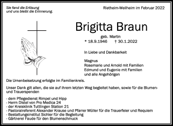 Anzeige von Brigitta Braun von Schwäbische Zeitung