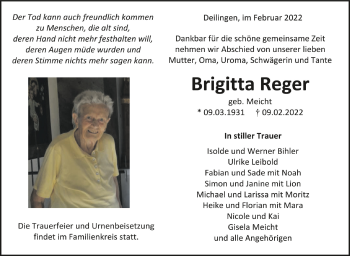 Anzeige von Brigitta Reger von Schwäbische Zeitung