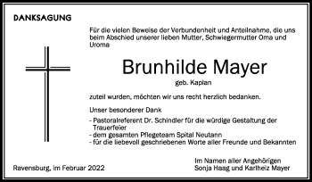 Anzeige von Brunhilde Mayer von Schwäbische Zeitung