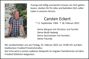 Anzeige von Carsten Eckert von Schwäbische Zeitung