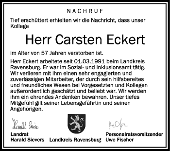 Anzeige von Carsten Eckert von Schwäbische Zeitung