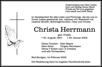 Anzeige von Christa Herrmann von Schwäbische Zeitung