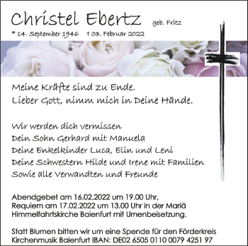 Anzeige von Christel Ebertz von Schwäbische Zeitung