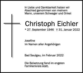 Anzeige von Christoph Eichler von Schwäbische Zeitung