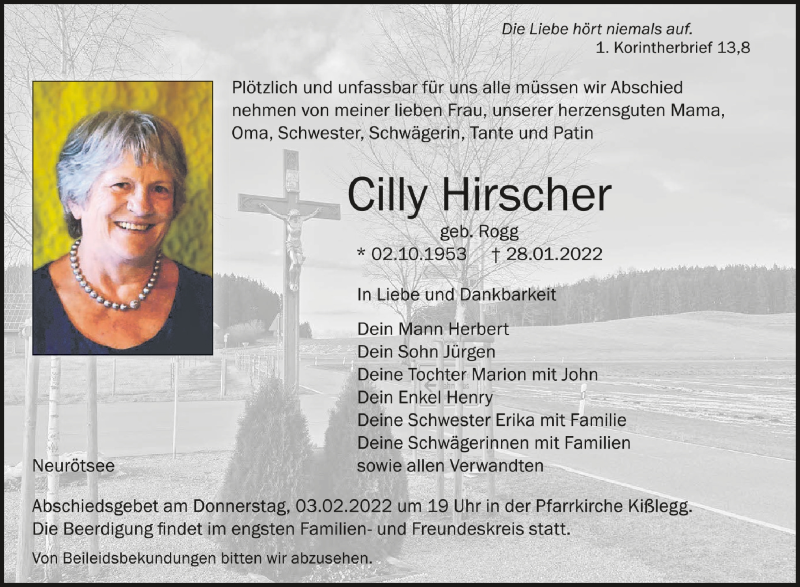  Traueranzeige für Cilly Hirscher vom 01.02.2022 aus Schwäbische Zeitung