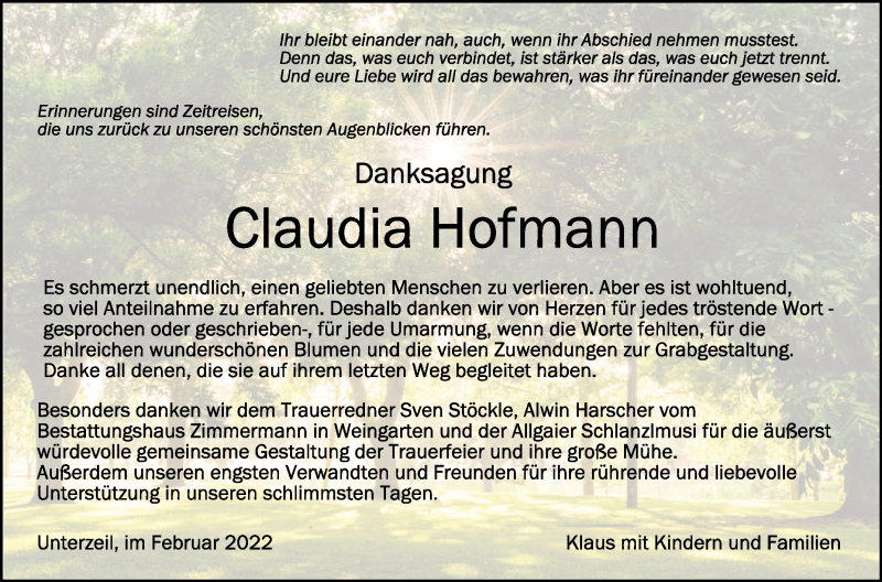  Traueranzeige für Claudia Hofmann vom 11.02.2022 aus Schwäbische Zeitung