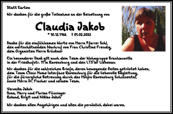 Anzeige von Claudia Jakob von Schwäbische Zeitung