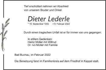 Anzeige von Dieter Lederle von Schwäbische Zeitung