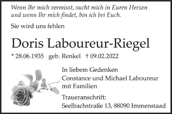 Anzeige von Doris Laboureur-Riegel von Schwäbische Zeitung