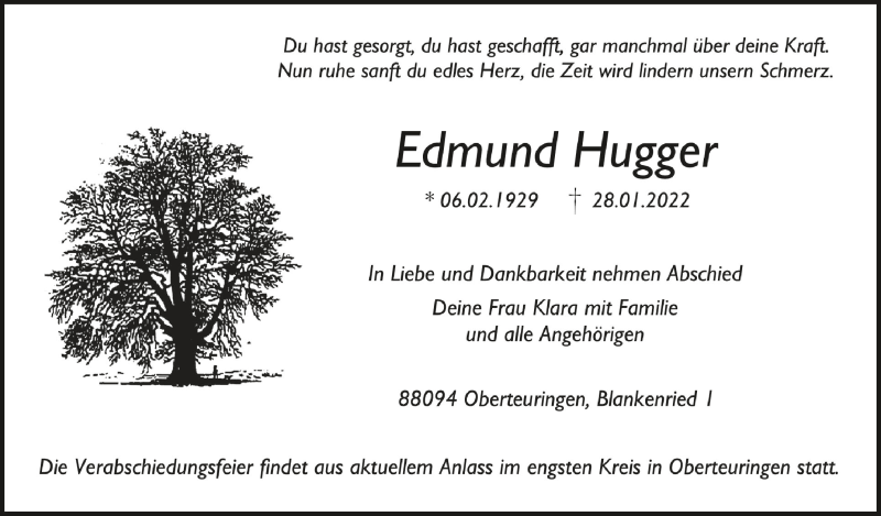  Traueranzeige für Edmund Hugger vom 01.02.2022 aus Schwäbische Zeitung