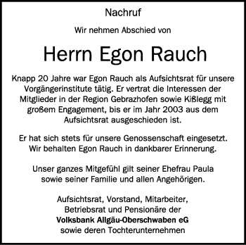 Anzeige von Egon Rauch von Schwäbische Zeitung