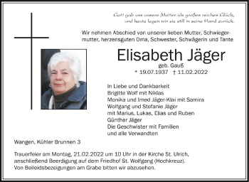 Anzeige von Elisabeth Jäger von Schwäbische Zeitung