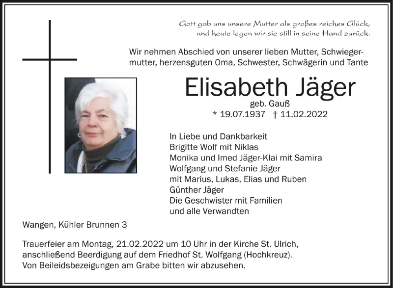 Traueranzeigen von Elisabeth Jäger | schwaebische.de Trauerportal