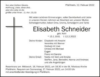 Anzeige von Elisabeth Schneider von Schwäbische Zeitung