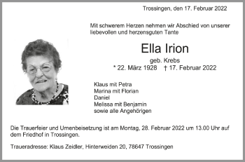 Anzeige von Ella Irion von Schwäbische Zeitung