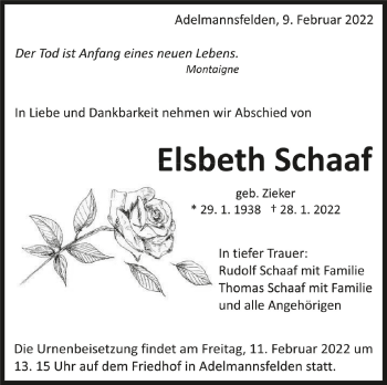 Anzeige von Elsbeth Schaaf von Schwäbische Zeitung