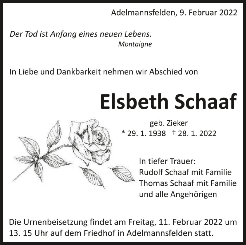  Traueranzeige für Elsbeth Schaaf vom 09.02.2022 aus Schwäbische Zeitung