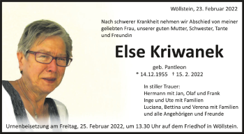 Anzeige von Else Kriwanek von Schwäbische Zeitung