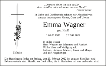 Anzeige von Emma Wagner von Schwäbische Zeitung