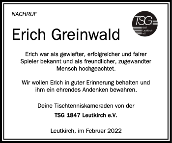 Anzeige von Erich Greinwald von Schwäbische Zeitung