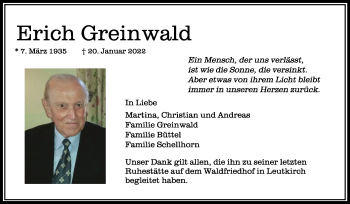 Anzeige von Erich Greinwald von Schwäbische Zeitung