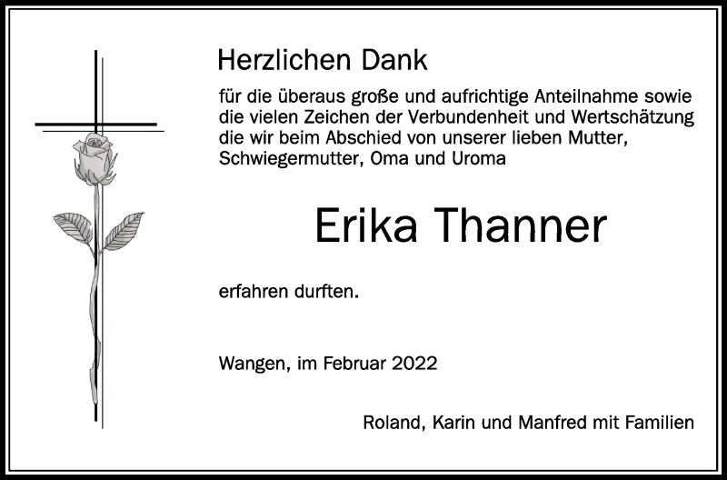  Traueranzeige für Erika Thanner vom 12.02.2022 aus Schwäbische Zeitung