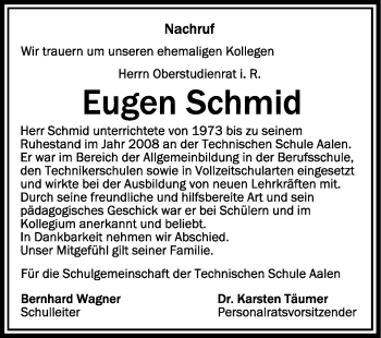 Anzeige von Eugen Schmid von Schwäbische Zeitung