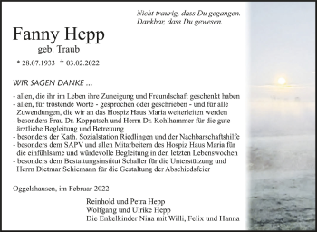 Anzeige von Fanny Hepp von Schwäbische Zeitung