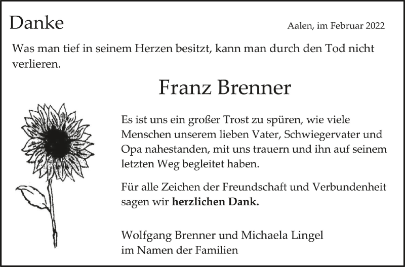  Traueranzeige für Franz Brenner vom 05.02.2022 aus Schwäbische Zeitung