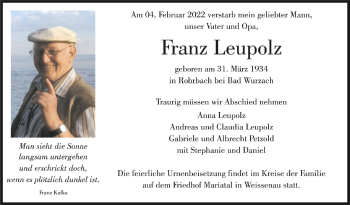 Anzeige von Franz Leupolz von Schwäbische Zeitung