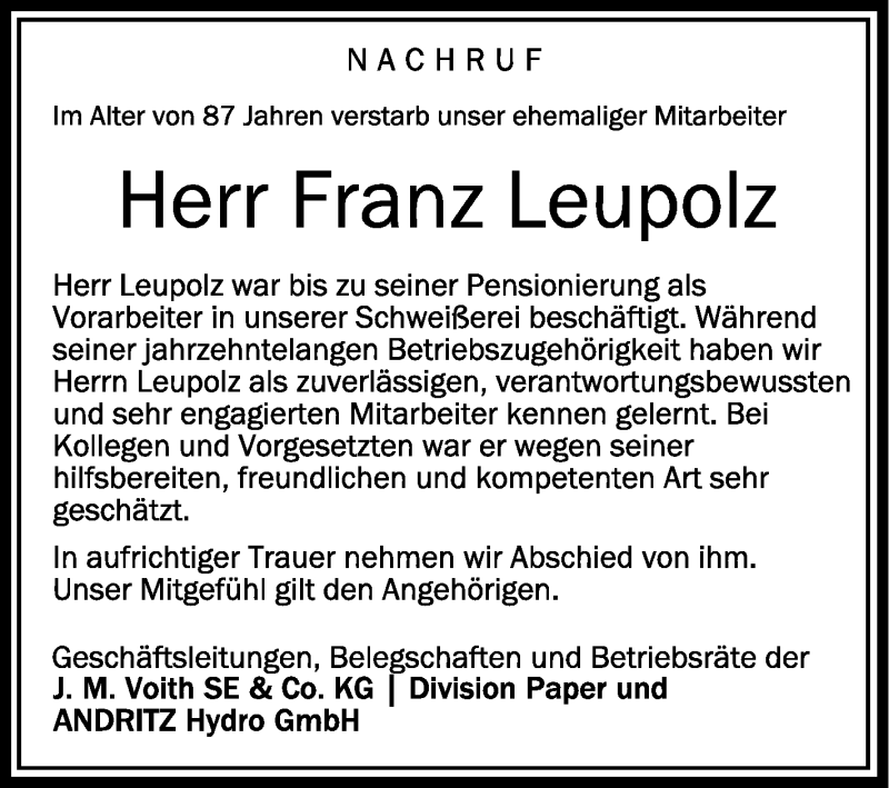  Traueranzeige für Franz Leupolz vom 26.02.2022 aus Schwäbische Zeitung