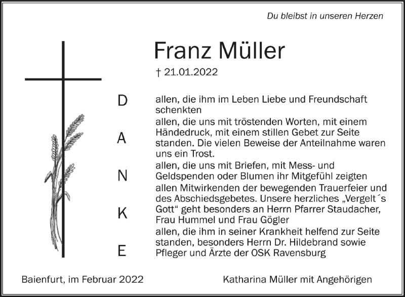  Traueranzeige für Franz Müller vom 05.02.2022 aus Schwäbische Zeitung