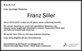 Anzeige von Franz Siller von Schwäbische Zeitung