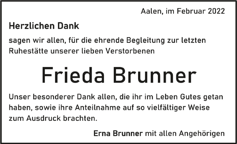  Traueranzeige für Frieda Brunner vom 28.02.2022 aus Schwäbische Zeitung