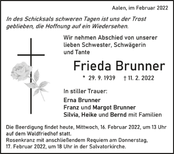 Anzeige von Frieda Brunner von Schwäbische Zeitung