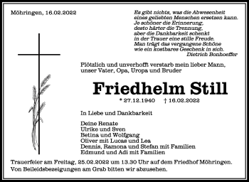 Anzeige von Friedhelm Still von Schwäbische Zeitung