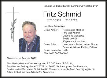Anzeige von Fritz Schmid von Schwäbische Zeitung