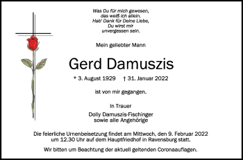 Anzeige von Gerd Damuszis von Schwäbische Zeitung