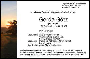 Anzeige von Gerda Götz von Schwäbische Zeitung