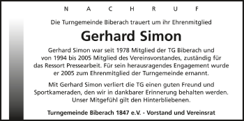 Anzeige von Gerhard Simon von Schwäbische Zeitung