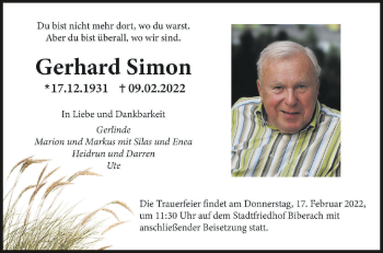 Anzeige von Gerhard Simon von Schwäbische Zeitung