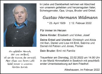 Anzeige von Gustav Hermann Widmann von Schwäbische Zeitung