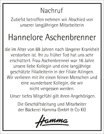 Anzeige von Hannelore Aschenbrenner von Schwäbische Zeitung