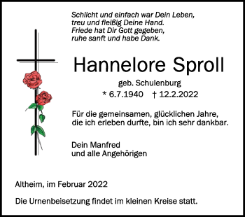 Anzeige von Hannelore Sproll von Schwäbische Zeitung