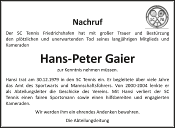 Anzeige von Hans-Peter Gaier von Schwäbische Zeitung